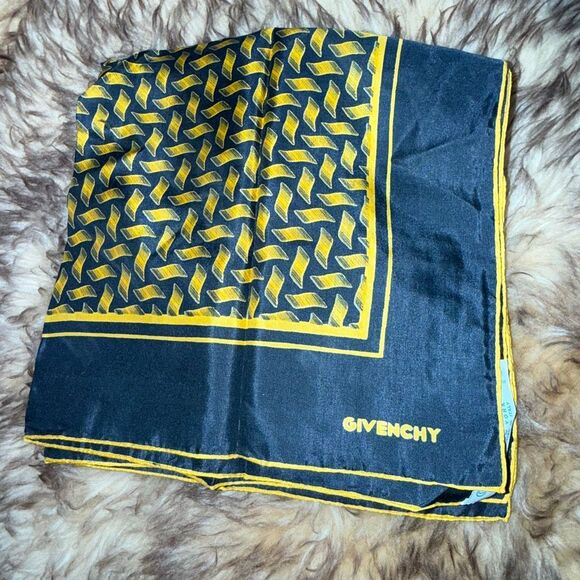 Vintage Givenchy Silk Scarf | Navy & Gold Geometric Pattern | Hand Rolled Italy - Picture 2 of 12